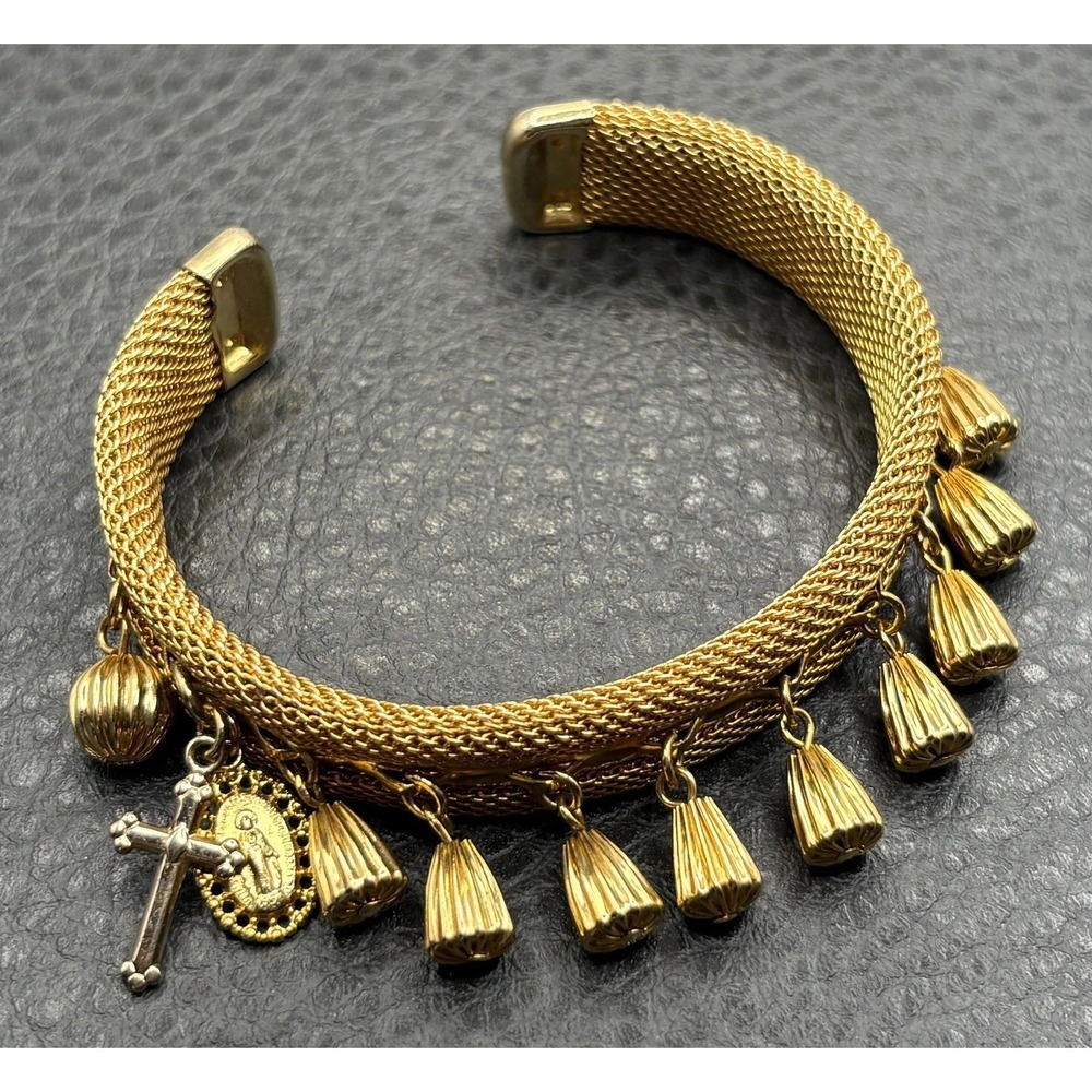 Vintage Mesh Bracelet Cuff Charm Dangle Cross Madonna Medal Gold Tone